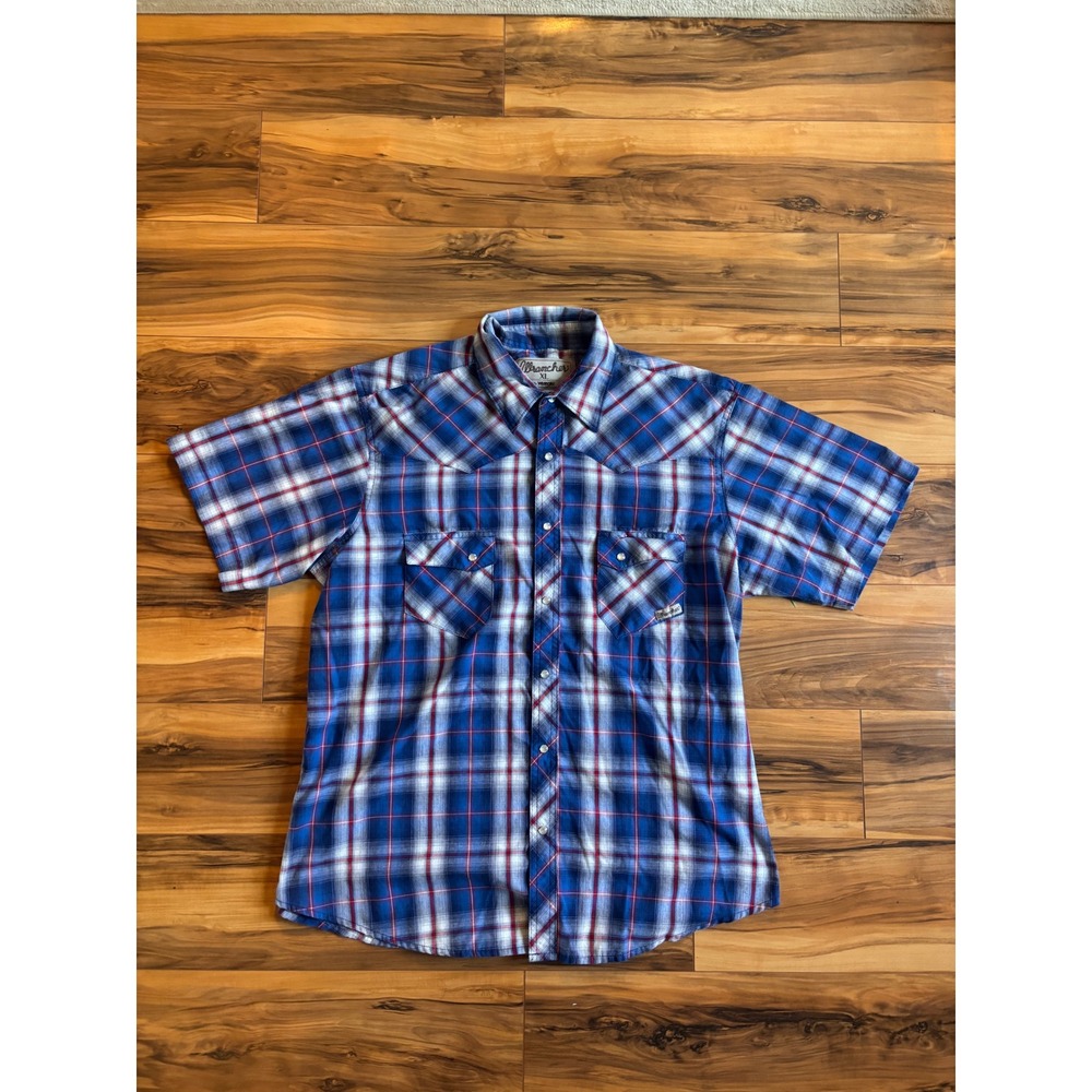 Wrangler Wrancher Mens XL Blue Plaid Short Sleeve Western Pearl Snap MTW1155